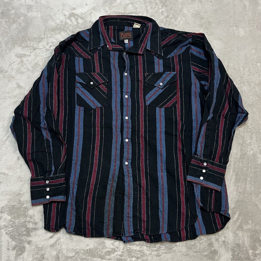 Plains Western Wear Mens XL Black Striped Pearl Snap Long Sleeve Western Shirt